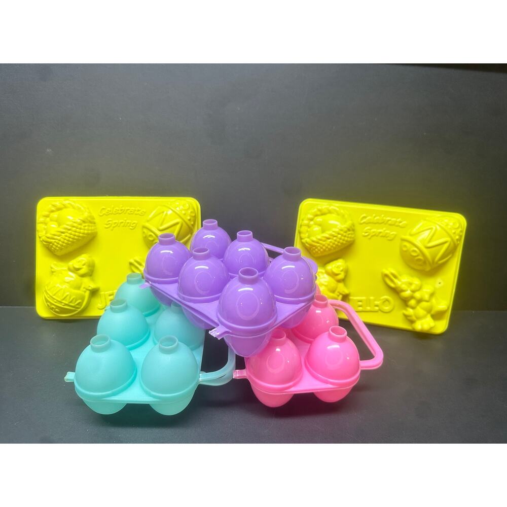 VTG 5X Jello Jiggler Molds 2 Celebrate Spring, 2 etched eggs, 1 smooth egg